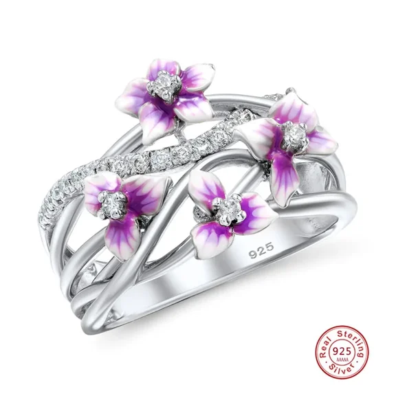 New 925 Sterling Silver Stackable Violet Drop Glue Ring Daisies Flower Zircon Finger Ring for Women Jewelry Gift Bijoux