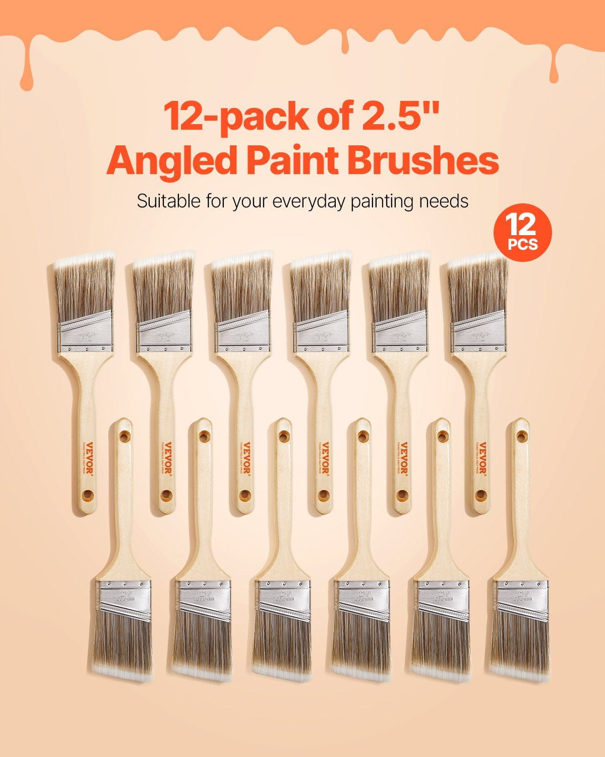 12-Piece Angled Paint Brush Set, Treated Wood Handle, for Latex/Oil Paints & Stains