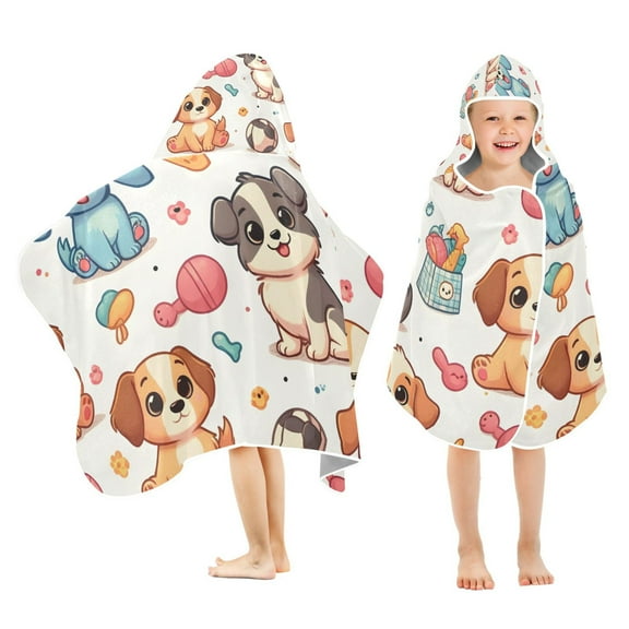 Cartoon Puppy Dog Toddler Hooded Beach Towel 24" x 50" Kids Bath Towels Soft Quick Dry for Swim Pool Boys Girls