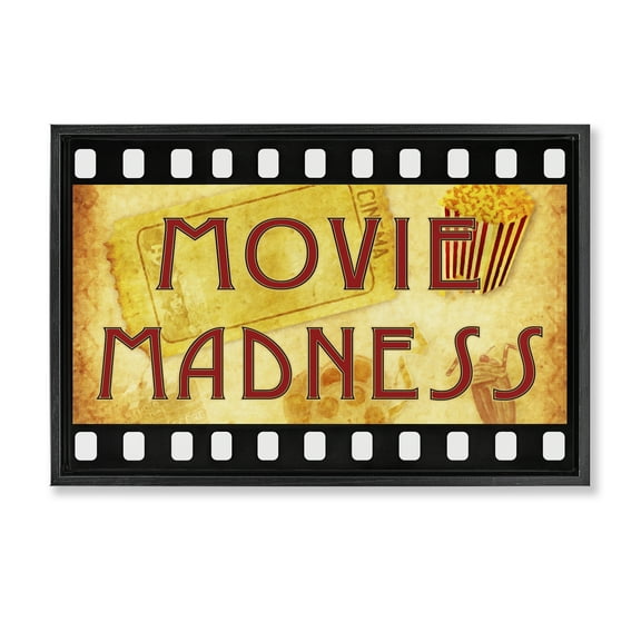 Stupell Industries Movie Madness Classic Sign Entertainment Painting Black Floater Framed Canvas Art Print Wall Art, 25 x 17