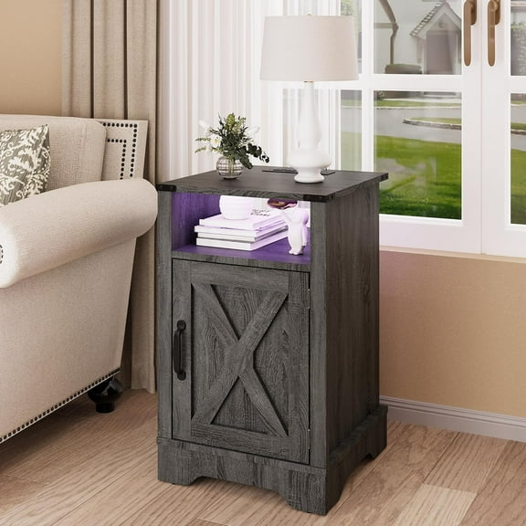 RoyalCraft Farmhouse LED Nightstand with Charging Station, Tall Nightstand with Led Lights, Wooden Rustic Side Table for Bedroom, Dark Grey End Table with Storage for Home Office
