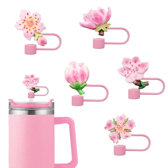 5PCS Pink Silicone Straw Toppers for 30/40 Oz Tumblers, Cherry Blossom Straw Covers with Handle, Love Shack Fancy Reusable Straw Cap for Holiday Cup Decor