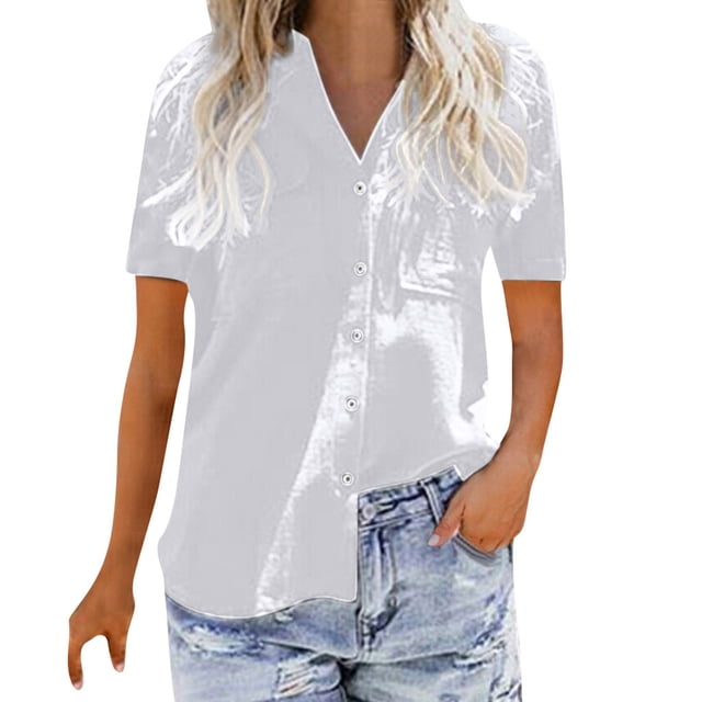 Camiseta de algodón de manga corta con cuello en V sólido informal elegante para mujer OAVQHLG3B Store lin121212