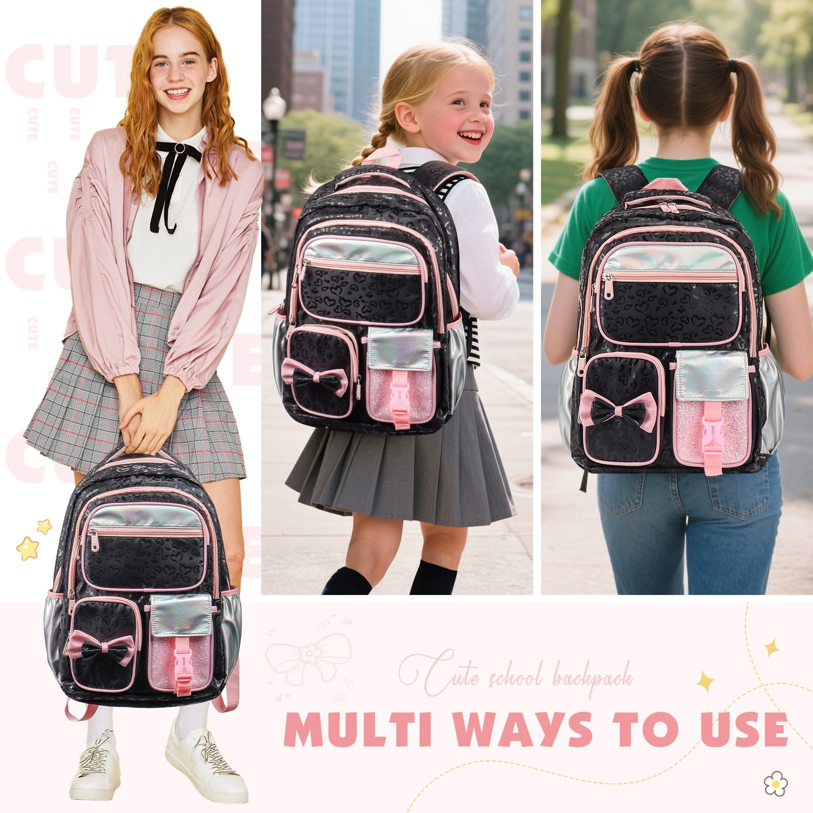DAKIMOE School Backpack for Teens Cute Girlish Middle High School Bookbag Large Capacity Lightweight Waterproof Daypack for College Students, Black and Pink