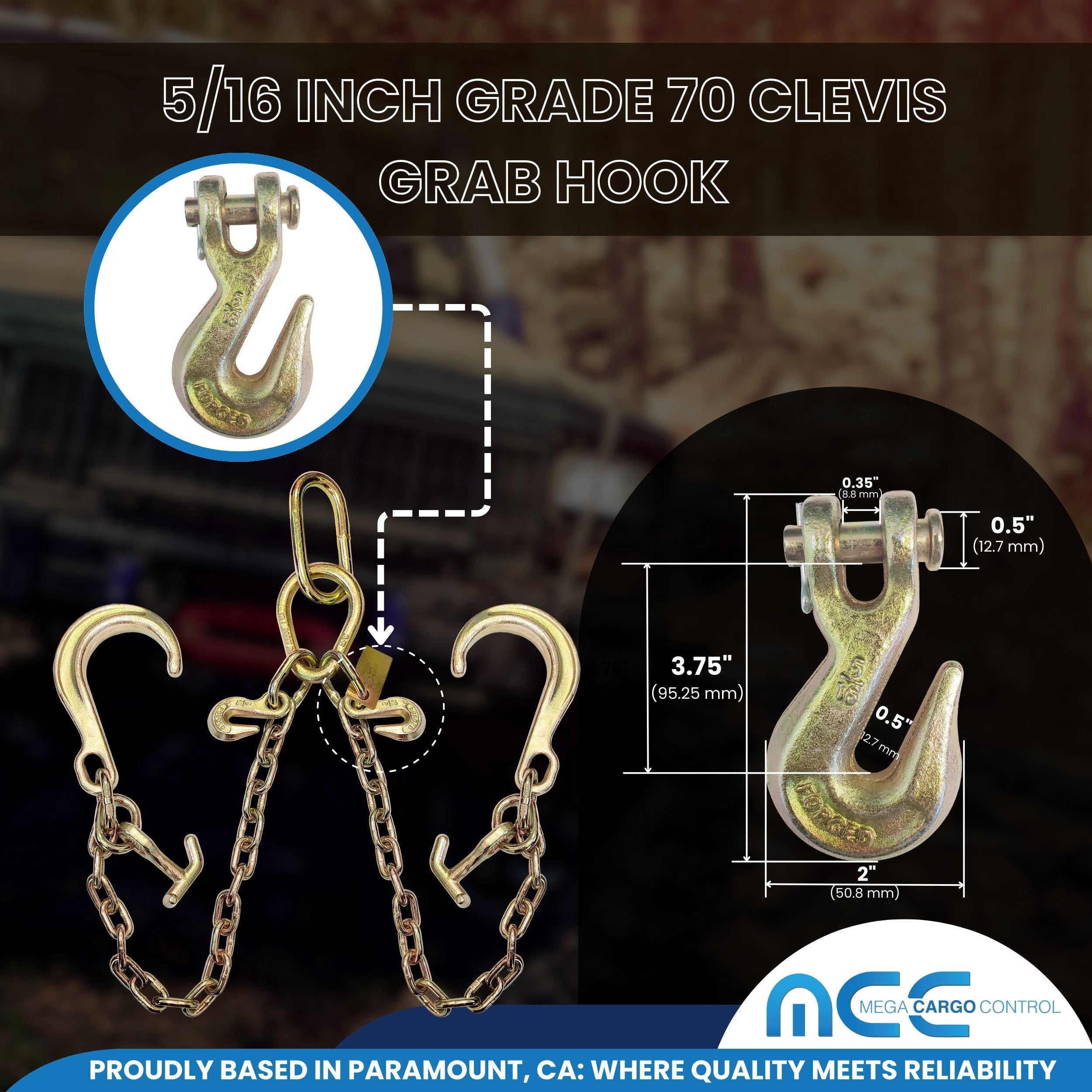 Mega Cargo Control 5/16" x 2FT G70 J Hook V-Chain Bridle Tow Hooks, 8" J Hook Shank, TJ Hook & Grab Hooks - 4700 LBS WLL, 2 Set