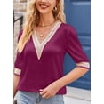 thumbnail image 5 of Sexy Dance Women's V Neck Blouse Half Sleeve Shirts Satin Loose Solid Color Tops Short Sleeve Pullover T Shirt 3/4 Sleeve Tunic Blouse Red S, 5 of 7