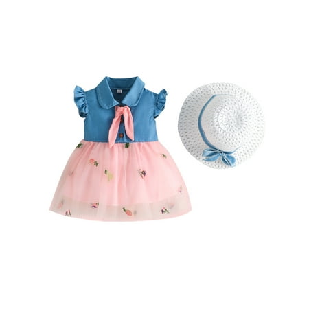 

Baby Girl 2Pcs Summer Outfits Fly Sleeve Button Down Denim Top A-line Dress + Sun Hat Set