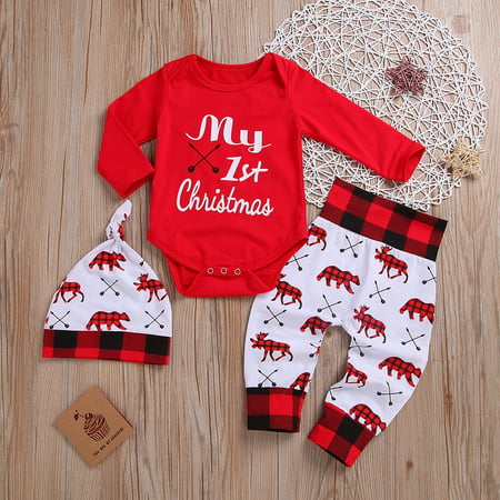 Xmas 3Pcs Clohes for Newborn Baby Girls Boys Outfits My 1st Christmas Red  Long Sleeve Romper Tops Plaid Pants Hat 0-18M | Walmart Canada