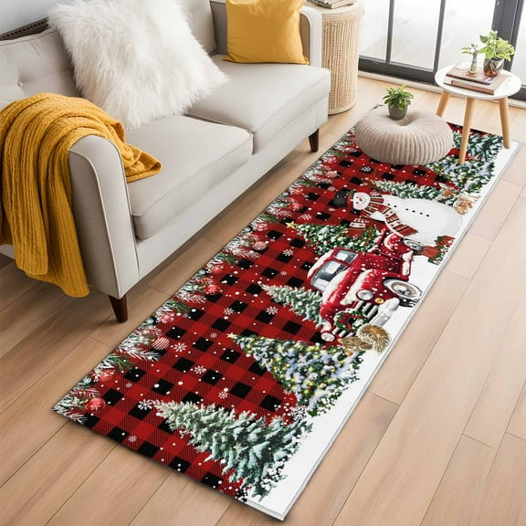 Red Plaid Christmas Kitchen Runner Rug 2x6 Washable Runners for Hallway Non Slip Snowman Xmas Truck Balls Tree Large Area Rug Indoor Floor Carpet for Bathroom Laundry Entryway Bedroom Living Room