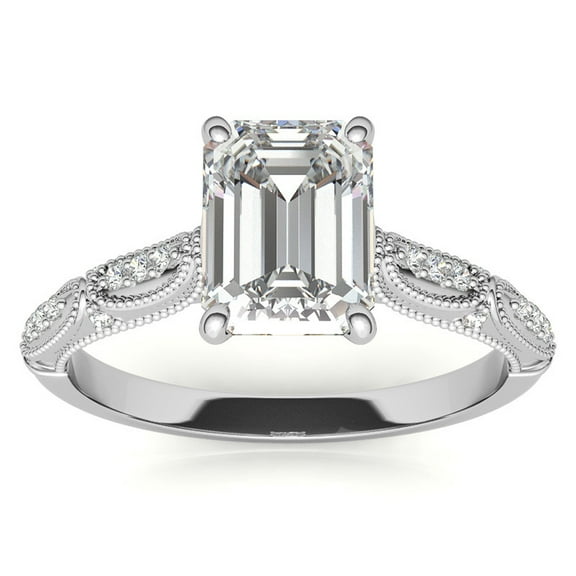 Timeless White Gold Plated Ring with Emerald Cut Moissanite and Vintage Detailing by Auory for Women