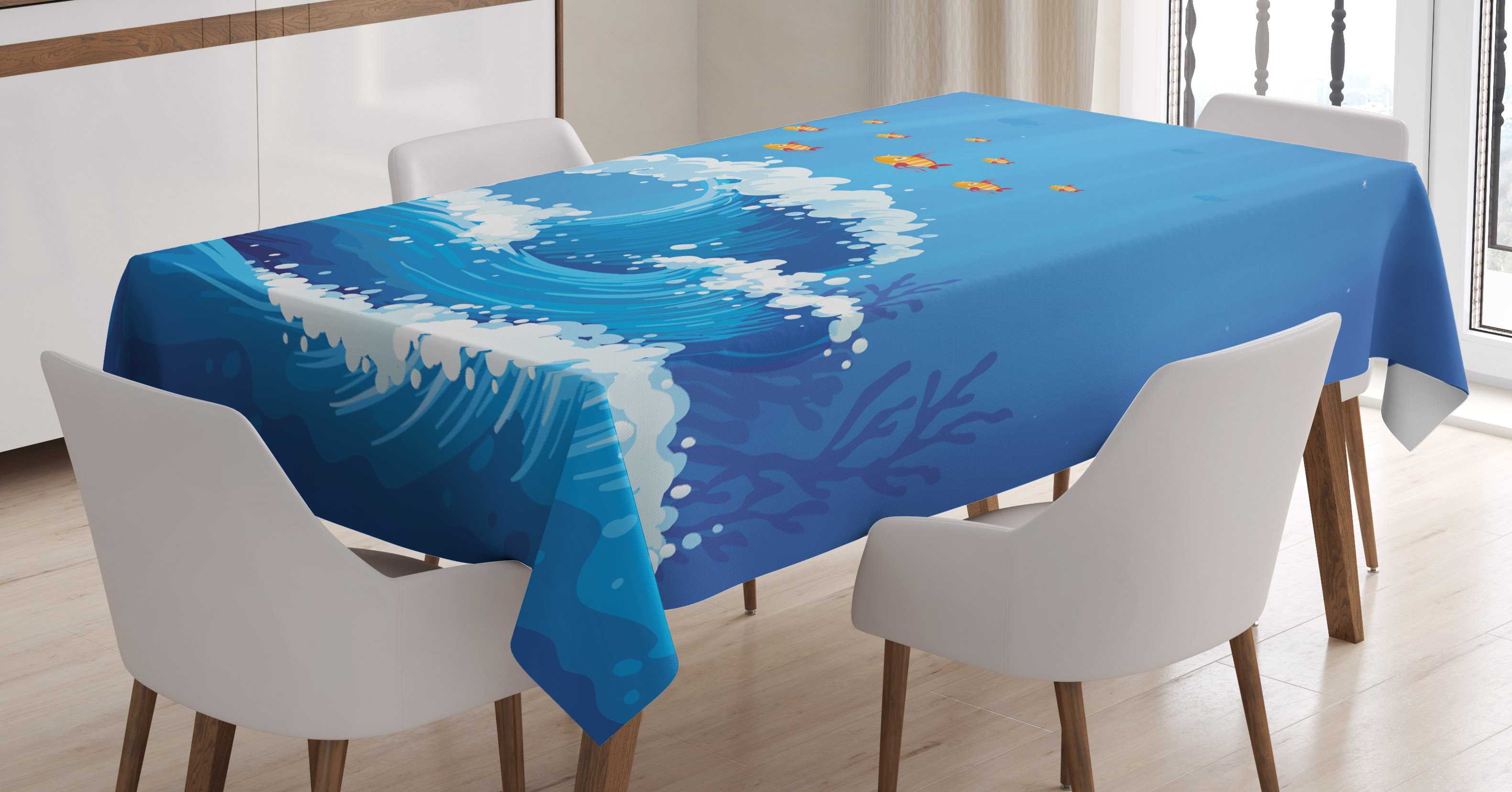 Marine Tablecloth, Underwater with Group of Fish and Wave in the Ocean ...