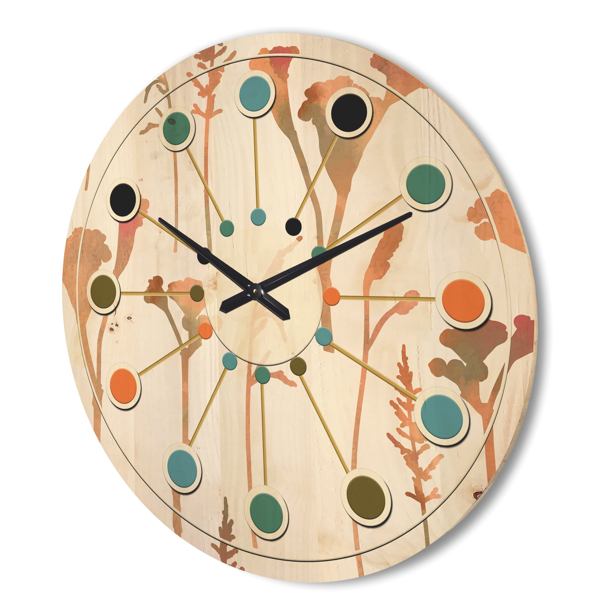 Designart 'Retro Flowers Pattern I' Mid-Century Modern Wood Wall Clock