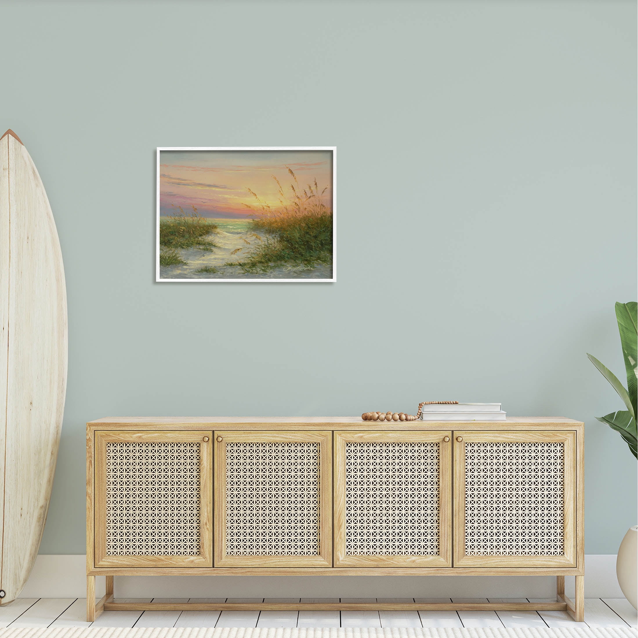 Sunset Beach Path Reeds Coastal Painting White Framed Art Print Wall Art