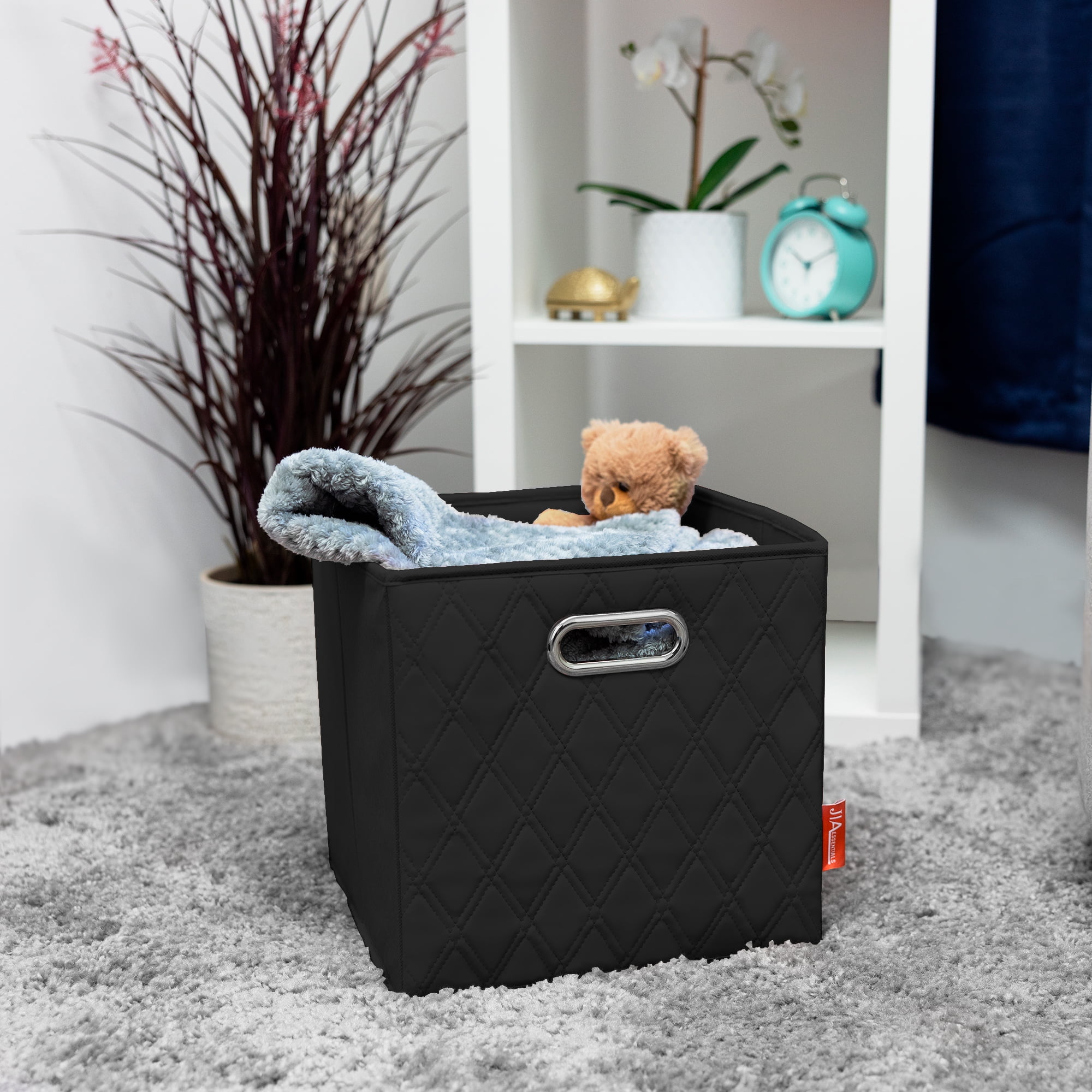 JIAessentials Set of 4 Foldable Faux Leather Cube Storage Bins Collapsible Baskets 12 inch with Dual Handles - Black Medium