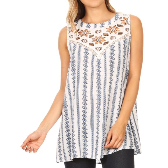 Sakkas Meli Corchet Lace Floral Stripe Tank with Keyhole Back - OFF WHITE / NAVY - XL