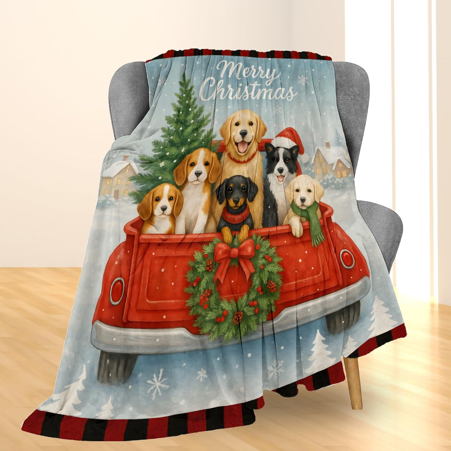Christmas Dogs Blanket, Soft Lightweight Flannel Cute Puppies in Red Truck Blanket for Couch, Bed, Travel & Home Decor, Cozy Warm Fuzzy Holiday Blankets Gifts for Women Women Dog Lovers 60×50 in