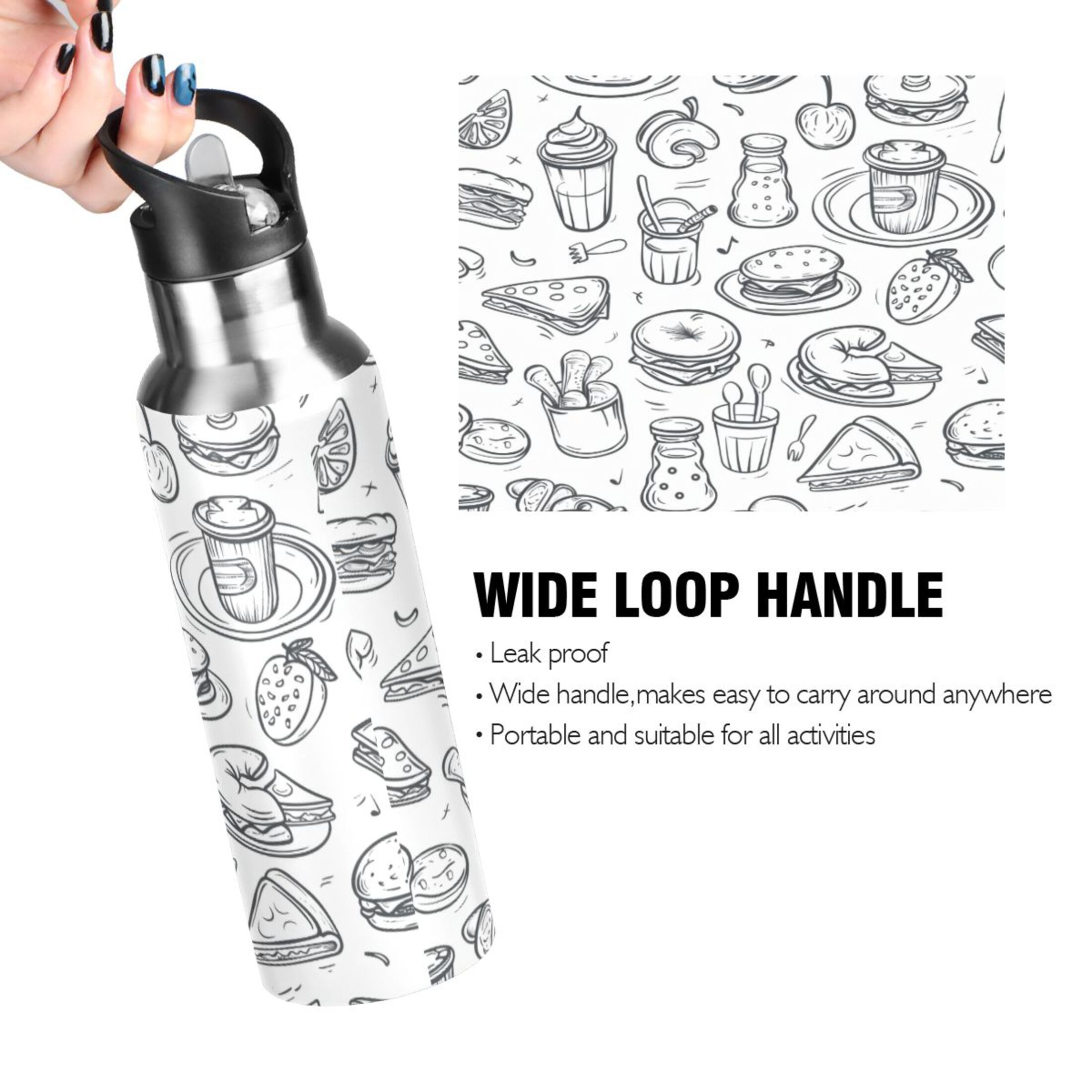 Water Bottles 20oz Straw Lid Wide Mouth Stainless Steel for School Sport Travel Pizza Burger Fruit Line