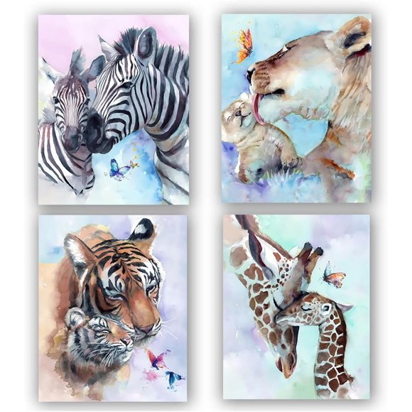 Animals Nursery Wall Art Prints,Baby Animal and Mom Watercolor Art Print,Watercolor Animals Wall Art Prints,Tiger Elephant Zebra Giraffe Safari Animals Pictures Nursery Decor Art,6Pcs(8x10in Unframed