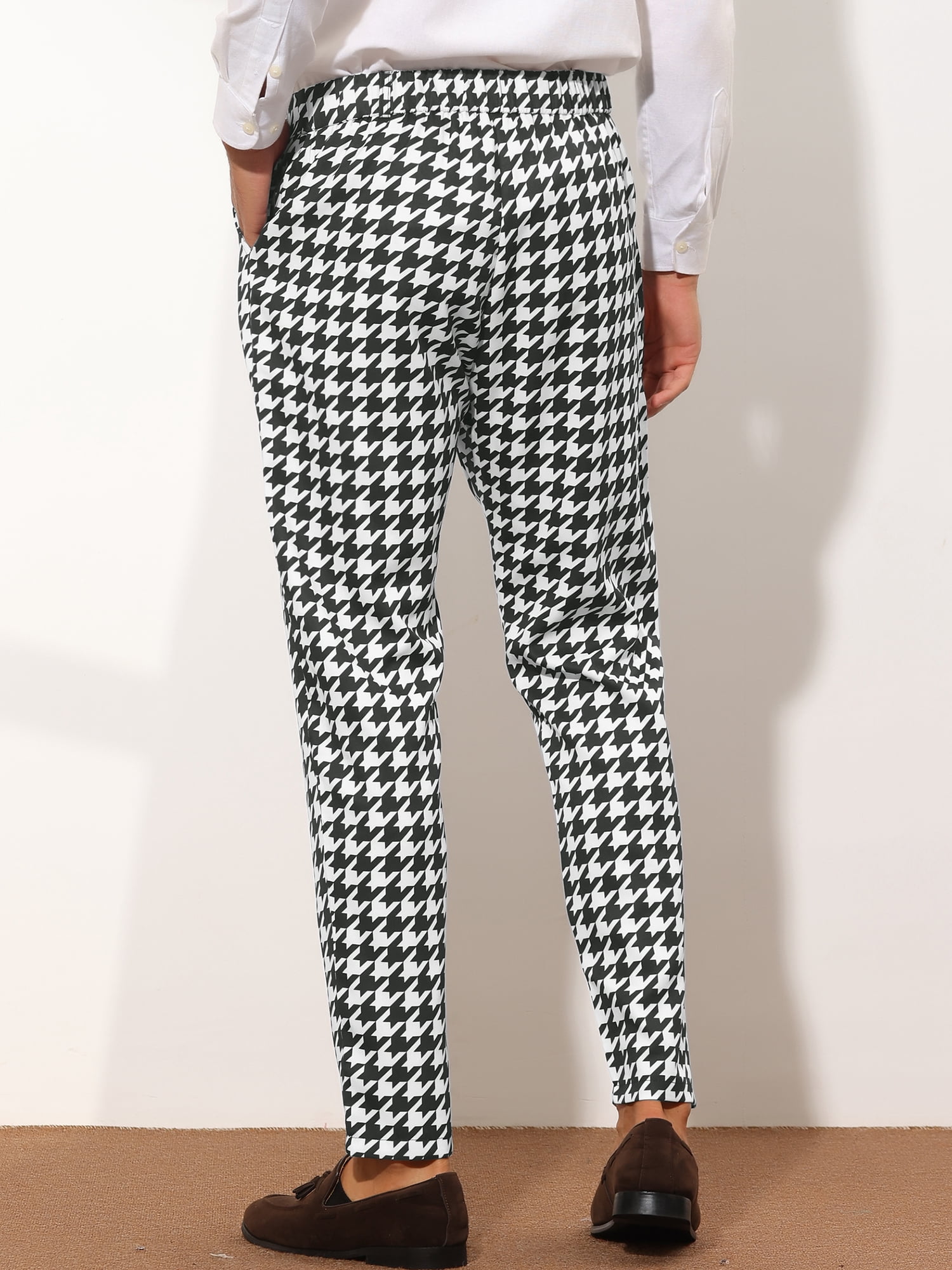 Unique Bargains Men's Houndstooth Dress Pants Big and Tall Business Plaid Trousers 36 Black White