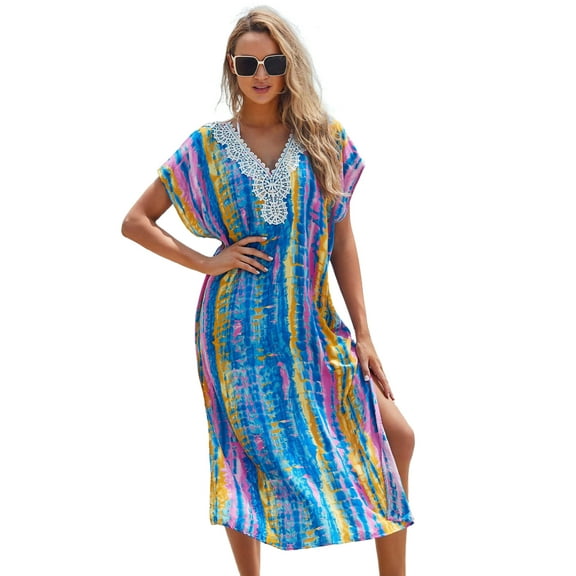 EDOLYNSA Beach Cover Up Tunics For Beach Print Chiffon Long Kaftan Bikini Cover Up Robe De Plage Sarong Beach Wrap Swimsuit Cover up
