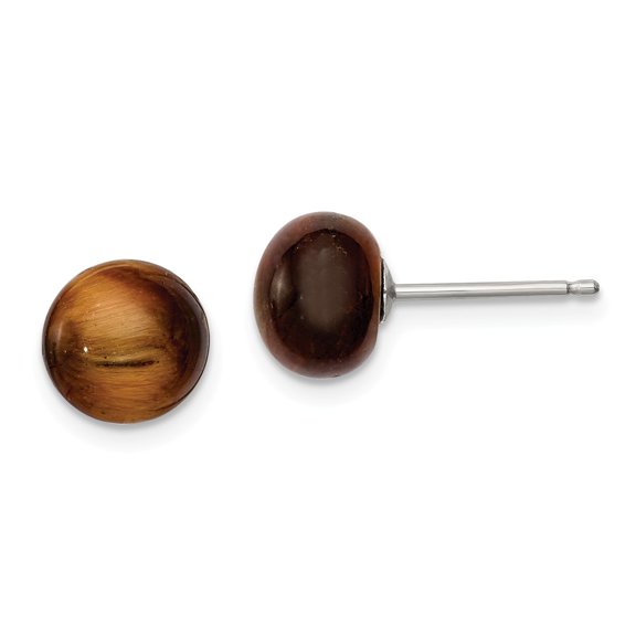 925 Sterling Silver 8-8.5mm Button Tiger Eye Post Earrings; for Adults and Teens; for Women and Men