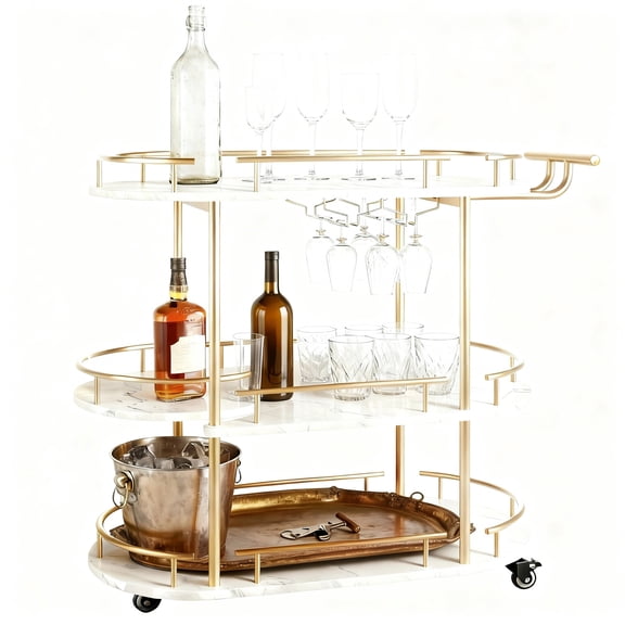 Garvee Bar Serving Cart with 3-Tier Storage Shelves, Wine Rack, Glass Holder, Golden and White