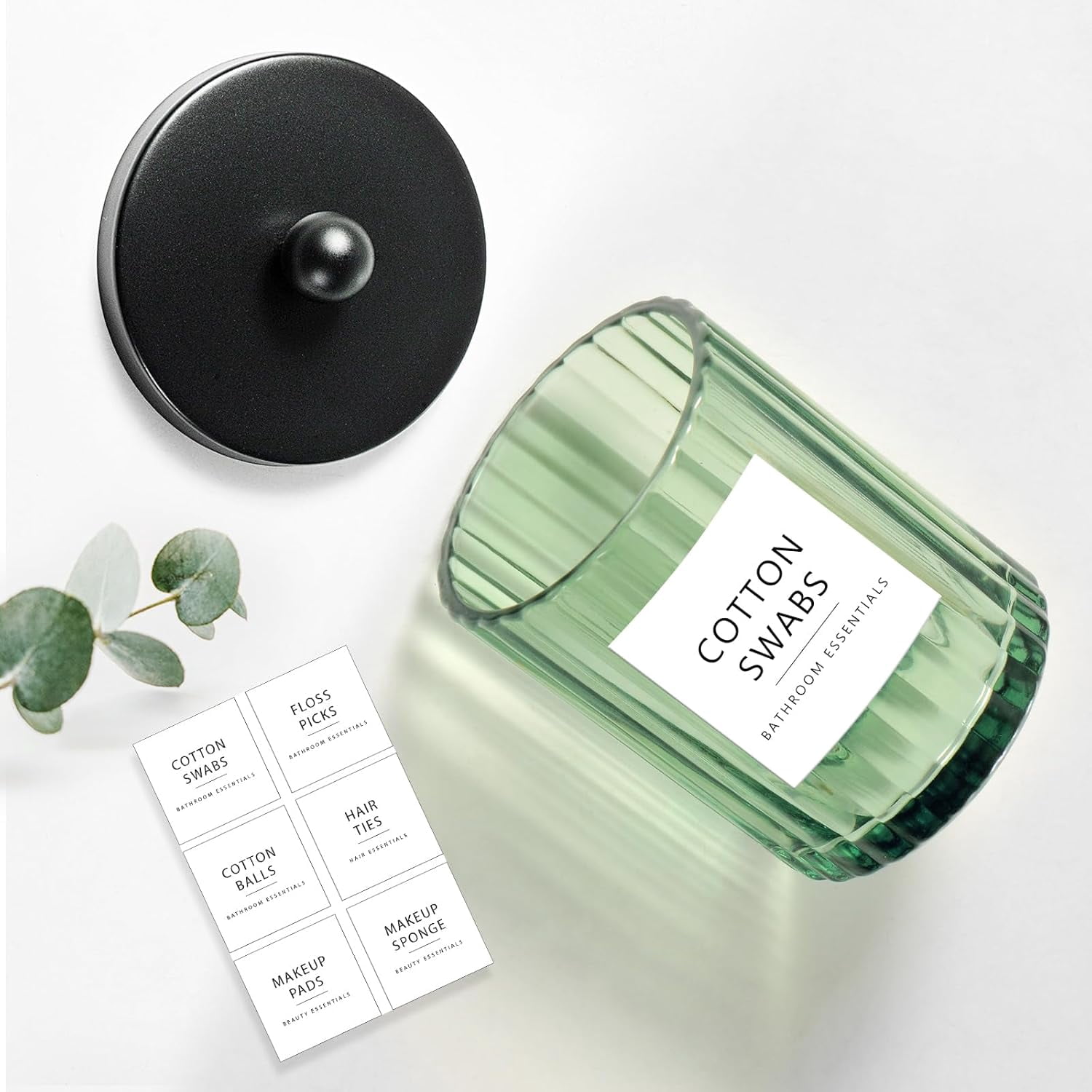 Sage Green Glass Apothecary Jar, Qtip Holder Dispenser for Cotton Swabs, Balls, Makeup Pads, Floss Picks, Bathroom Essential Accessories, Countertop Canister Storage Organizer (Black, 2
