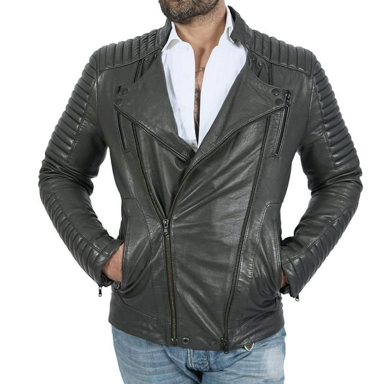 Boston Harbour Daim Quilted Asymmetrical Sheepskin Leather Jackets for Men Sizes S 3XL
