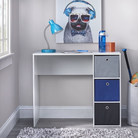 Kids Desk with Three Fabric Storage Bins  White/Blue/Black/Gray