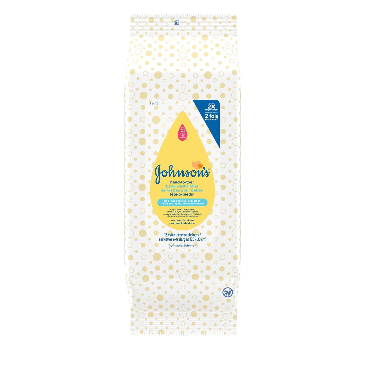 Johnson's Baby Cleansing Wipes Sensitive Head to Toe Cloths 15 Cloths
