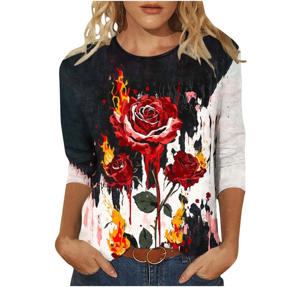 Plus Size Graphic Tops Womens Halloween Outfits 3/4 Sleeve Funny Holiday Crew Neck Tshirt Pullover Red 3XL
