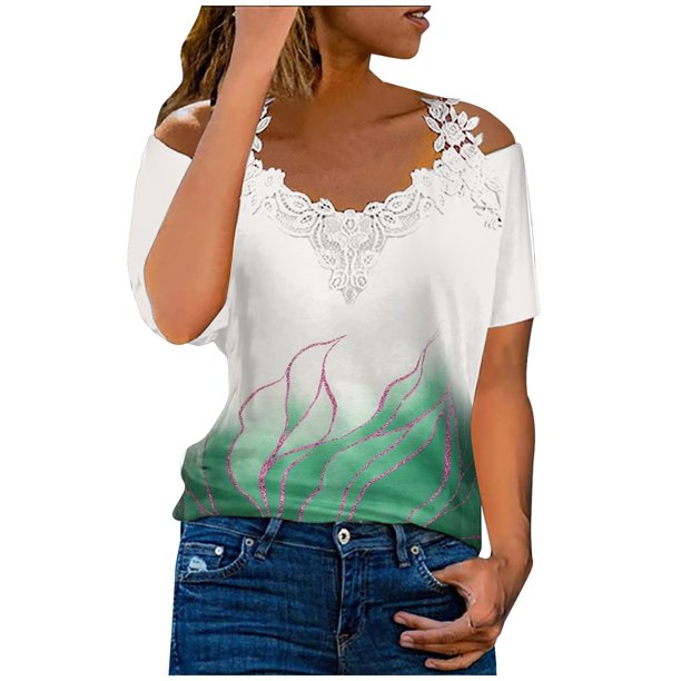 Puntoco 2024, tops a la moda de verano para mujer, tops informales con hombros descubiertos y encaje, tops de manga corta de ajuste Regular, tops con cuello en V