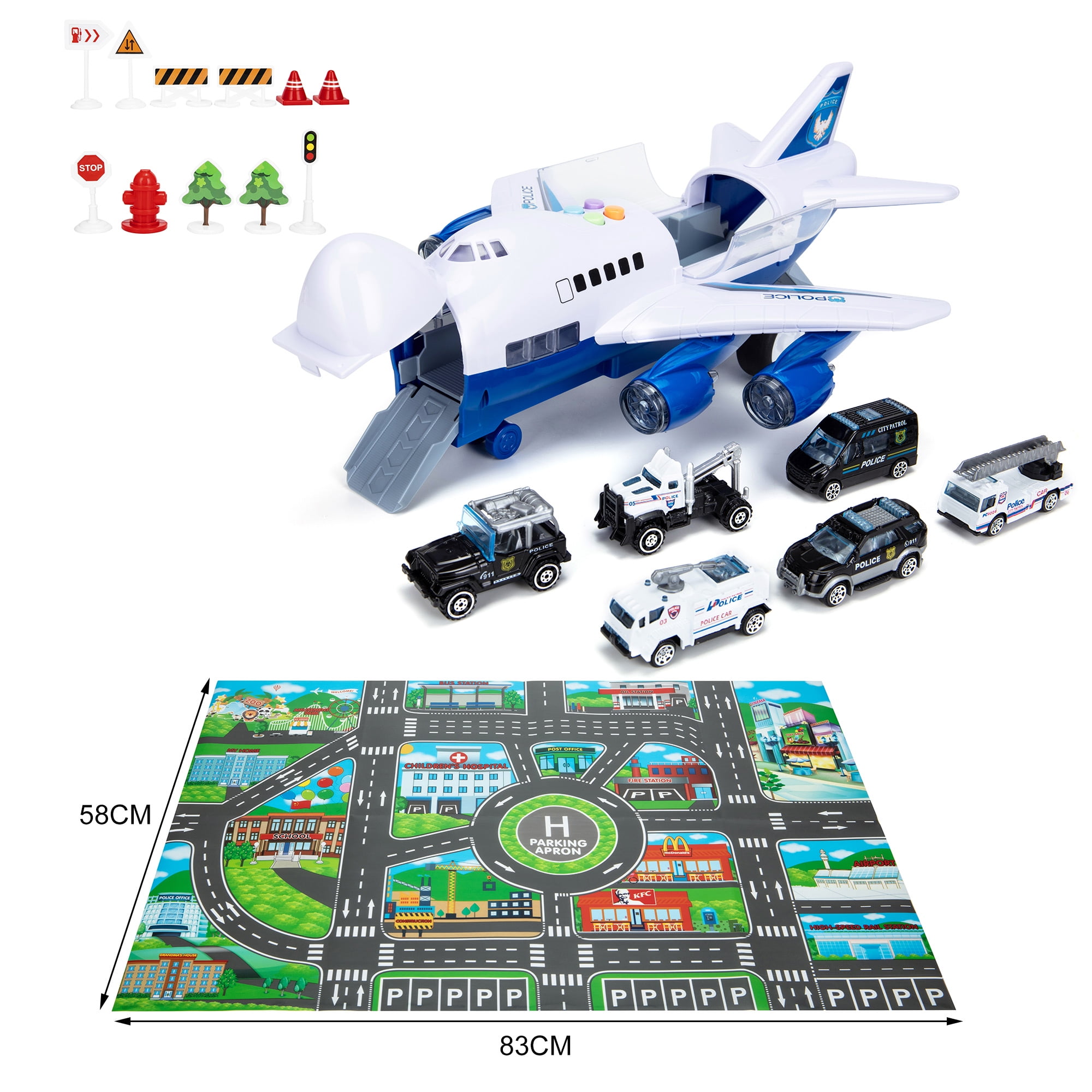 Friction Airplane Toys with Smoke Sound and Light for 3 4 5 Years Old Boy Girl Gifts Road Signs and Play Mat Dayeto Police Transport Cargo Airplane Toys Set with 4 Mini Police Diecast Toy Cars
