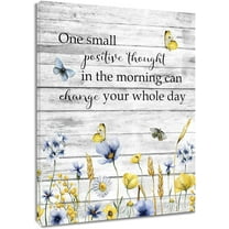 Blue Yellow Floral Wall Art for Bathroom Vintage Butterfly and Wildflower on Grey Abstract Canvas Wall Art Inspirational Quotes Wall Art for Living Room Bedroom Office Ready To Hang,12x16 Inch