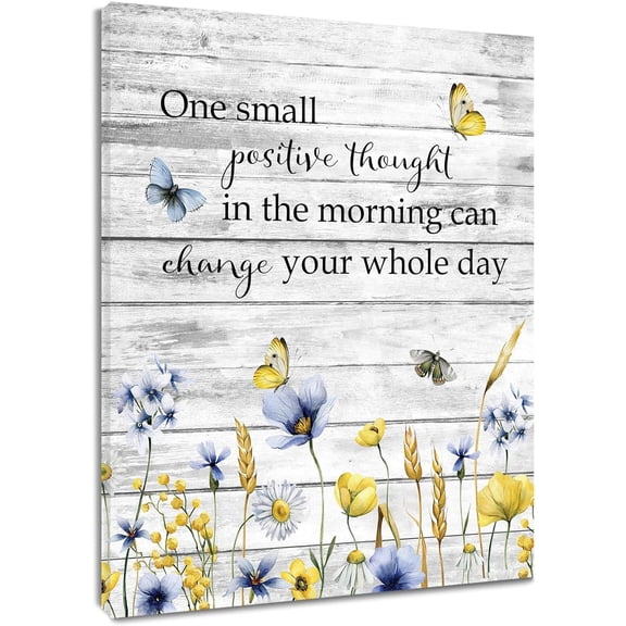 Blue Yellow Floral Wall Art for Bathroom Vintage Butterfly and Wildflower on Grey Abstract Canvas Wall Art Inspirational Quotes Wall Art for Living Room Bedroom Office Ready To Hang,12x16 Inch