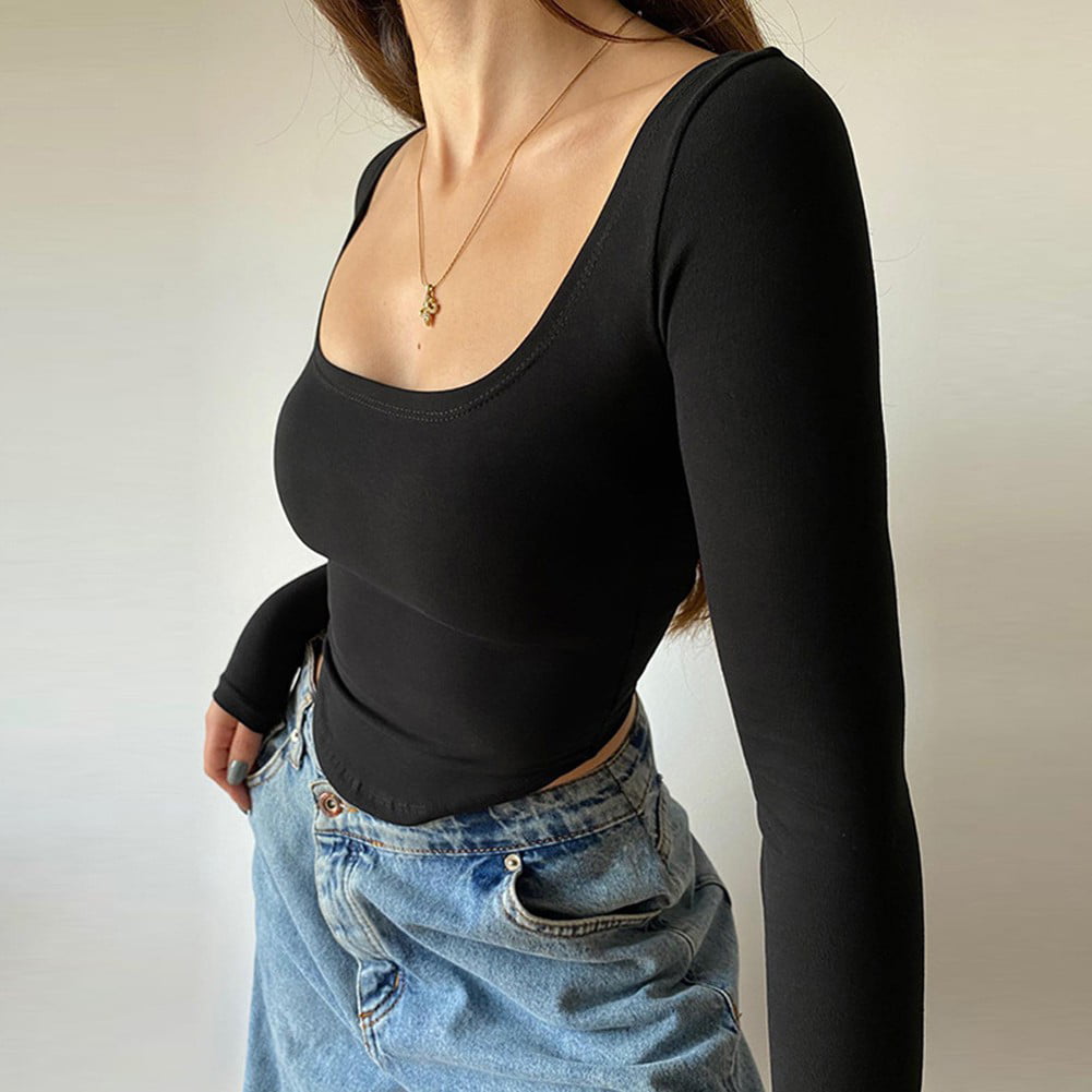 ALSLIAO Womens Crop Tops Basic Stretchy Scoop Neck Long Sleeve