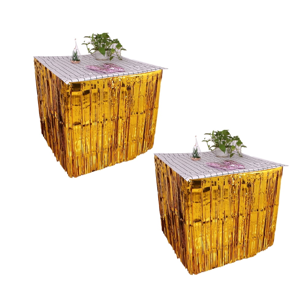 Set of 2 Metallic Foil Fringe Table Skirt, Tinsel Disposable Skirting