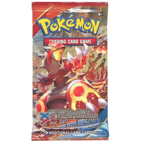 tarjetas pokemon - xy primal clash - paquete de refuerzo 10 pokemon paquete de refuerzo multicolor con ilustración frontal de Groudon Primal, logotipo Pokémon en la parte superior y texto "Primal Clash" en la parte inferior; empaque sellado vertical sobre fondo neutro, indicado para 6+ años. A menudo usado para ampliar mazos de juego o comenzar colecciones.