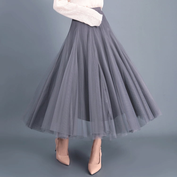 Womens Pleated Tulle Mesh Skirt A-line Elastic High Waist Layers Maxi Long Dress