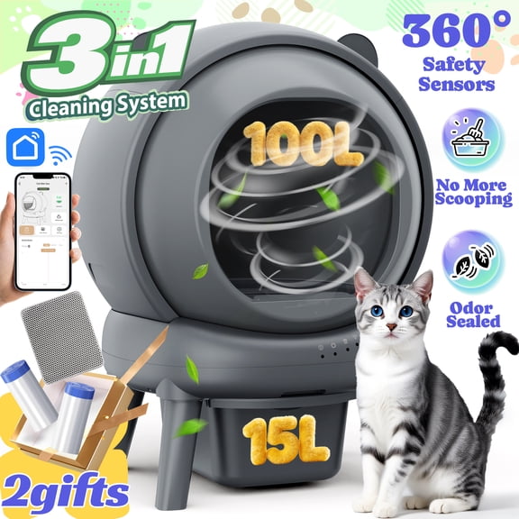 Self Cleaning Litter Box, 100 L 15L Automatic Cat Litter Box Self Cleaning for Multiple Cats, with Safety Protection, App Control,2 Roll Garbage Bags Cat litter mat