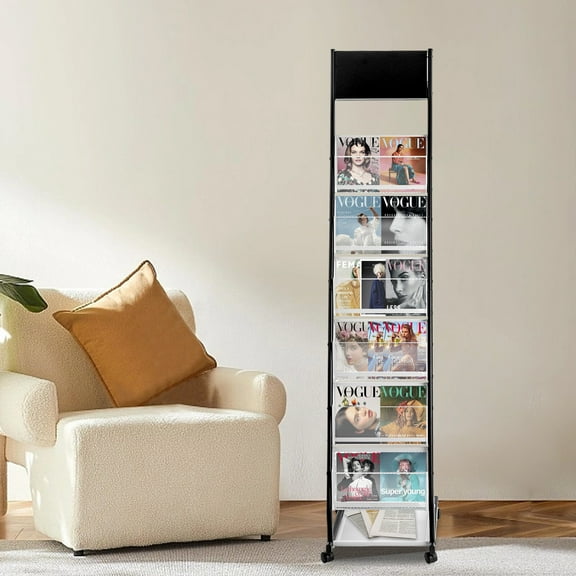 Literature Display Rack 6 Pockets Floor Standing Magazine Rack with 4 Universal Wheels Metal Newspaper Brochure Display Stand for Office Hospitality Areas Libraries