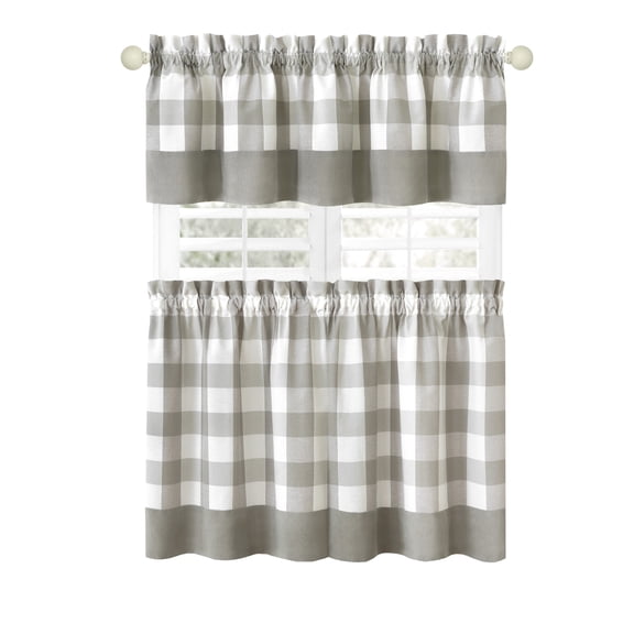 Woven Trends Kitchen Curtains and Valances Set, Classic Country Plaid Checkered Premium Cotton Blend, Cafe Curtains Tier & Valance Set, Rod Pocket, 57" x 24", Silver