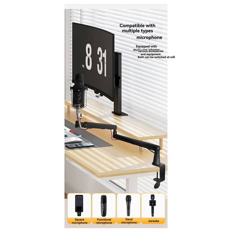 Microphone Bracket, Adjustable 360 ° Suspension Arm, Adjustable Rod Microphone Bracket, with Desktop Mounting Clip,B