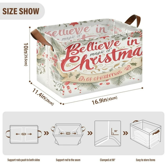 BZSMCE Collapsible Fabric Cube Storage Bins Merry Christmas Elegant Wreath Design Pattern Storage Box