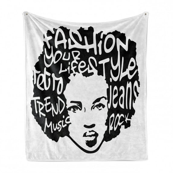 Urban Graffiti Soft Flannel Fleece Throw Blanket, Fat Cap Style Typographic Words on a Afro Haired Girl Print, Cozy Plush for Indoor and Outdoor Use, 70" x 90", White Black, by Ambesonne