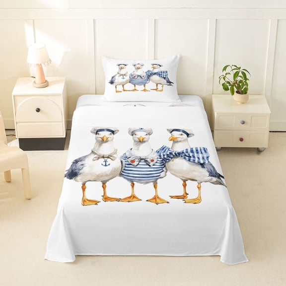 spefrowx Watercolor Sailor Seagull Twin Sheets for Kids, Blue Stripe Bow Coastal Bird Bedding, 3 Pieces, 1 Flat Sheet, 1 Fitted Sheet and 1 Pillowcase