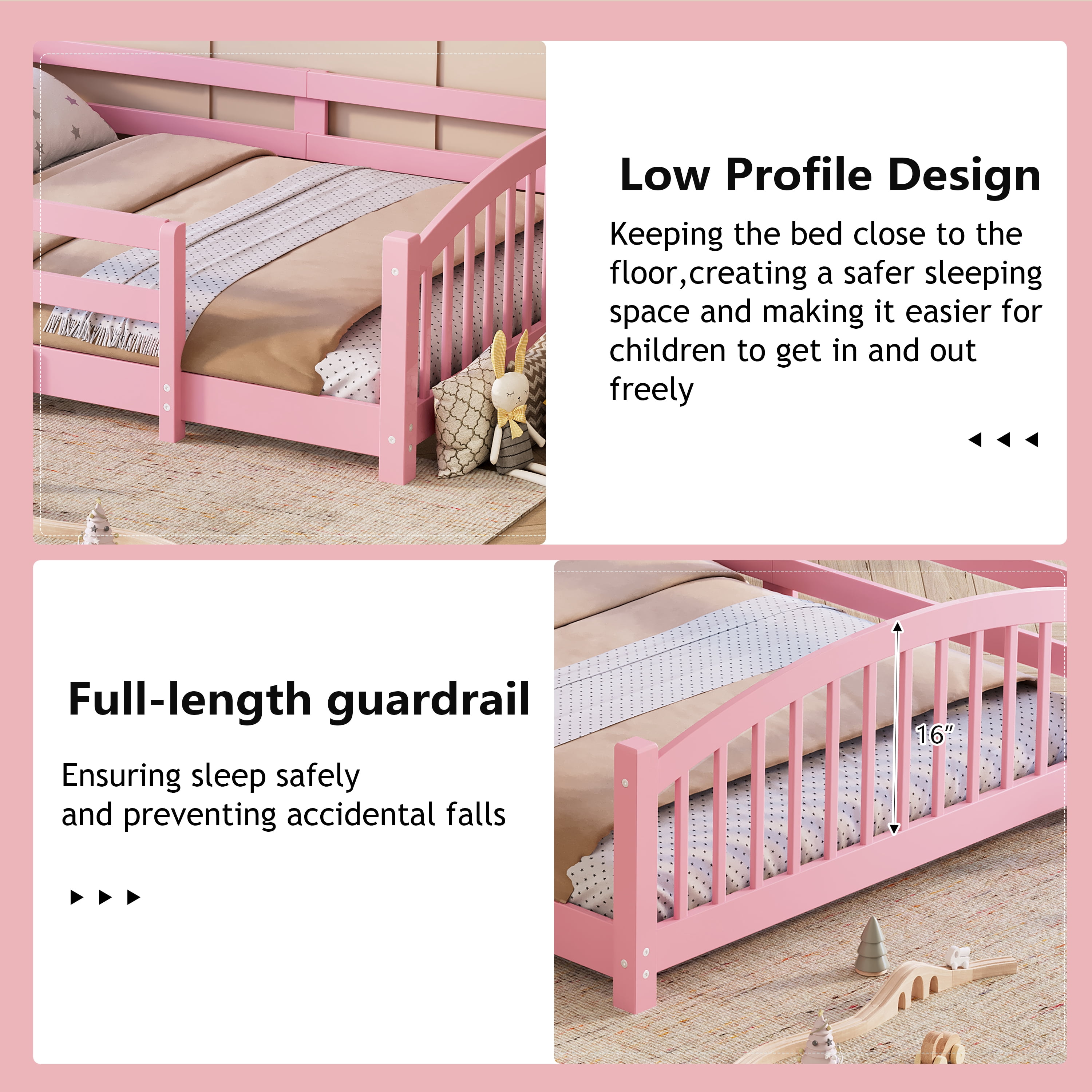 Harper & Bright Designs Full Montessori Floor Bed with Safety Guardrails, Solid Wood Floor Bed with Fence for Girls and Boys Bedroom, Pink