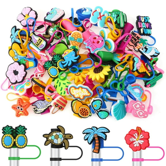 Topekada 50PCS Straw Cover Cap, Cute Summer Straw Cover for 30&40 Oz Tumbler, Straw Topper for Cup in different Shapes, Straw Protectors Drinking Straw Caps for 10 mm Straws