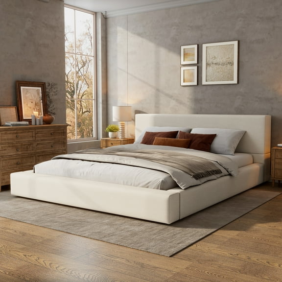 Christopher Knight Home Linen Upholstered King Size Bed Frame with Thick Headboard & Footboard, Beige