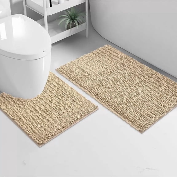 2 Piece Set Soft Cozy Plush Chenille Bath Mat Highly Absorbent Bathroom Rug